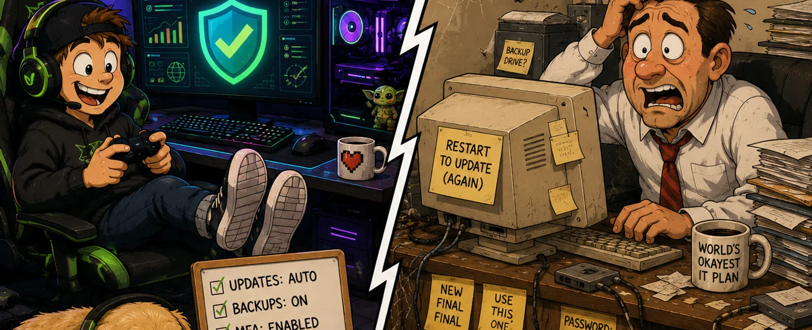 Split scene showing a happy gamer with secure modern PC versus stressed banker with outdated, chaotic computer setup.