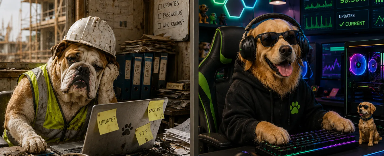 Side-by-side image of a tired construction bulldog and a happy tech-savvy golden retriever at computer workstations.