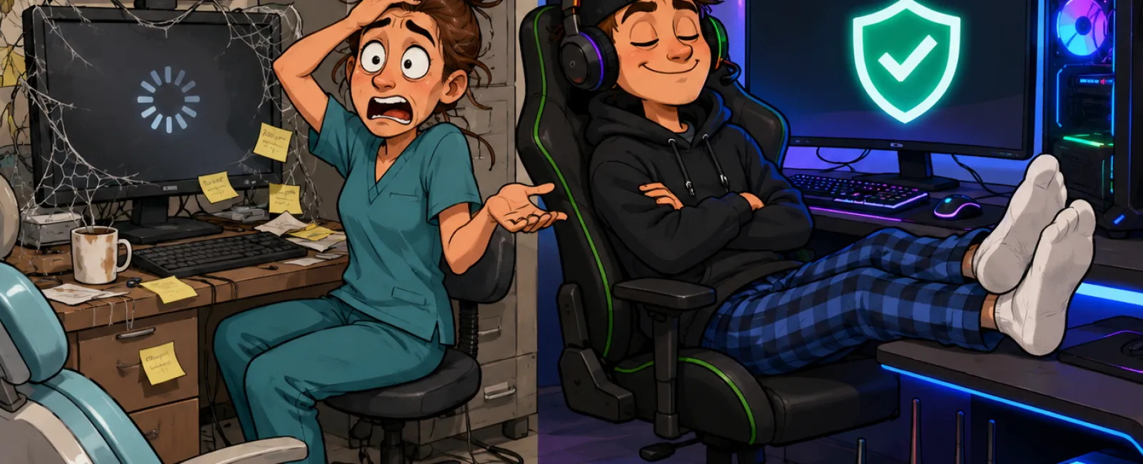 Stressed female dentist with broken office computer contrasts relaxed gamer with secure PC setup in modern room.