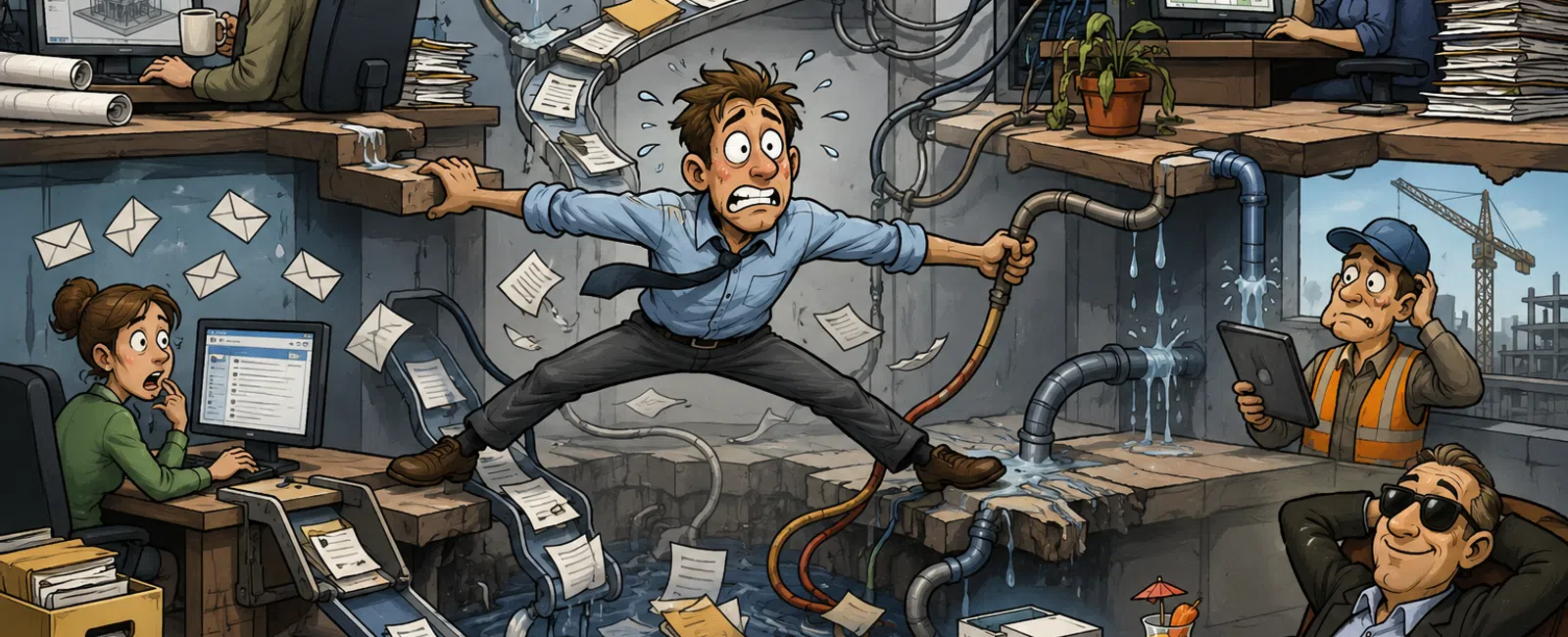 Stressed office worker scrambling to fix leaking documents and pipes while others work amid water damage and chaos.