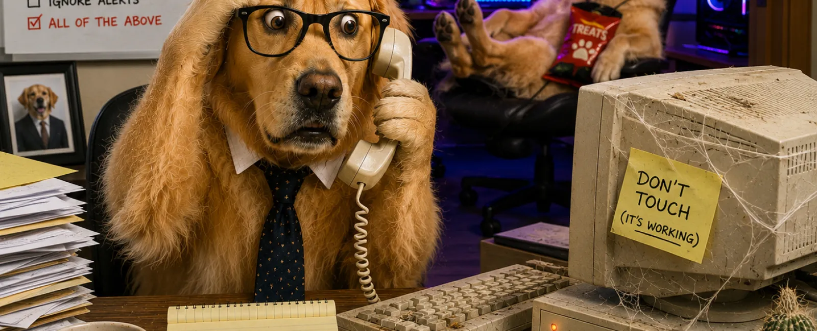 Golden retriever dressed as sysadmin at cluttered desk with old PC and gaming dog in neon-lit room.