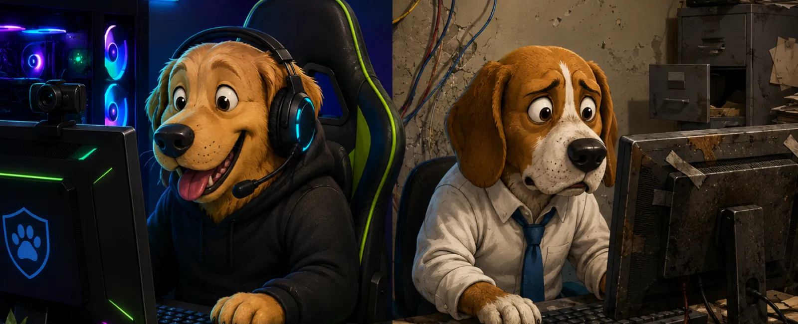 Two anthropomorphic dogs working at computers, one in a modern gaming setup, the other in a messy old office.