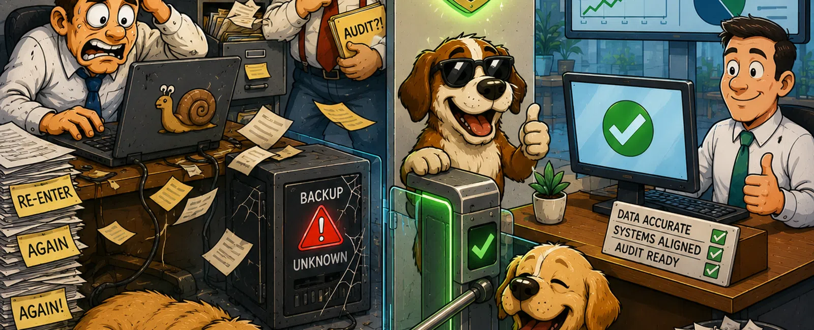 Busy office with stressed workers and slow system contrasts with smooth, secure, and efficient data auditing by happy dog and professional.