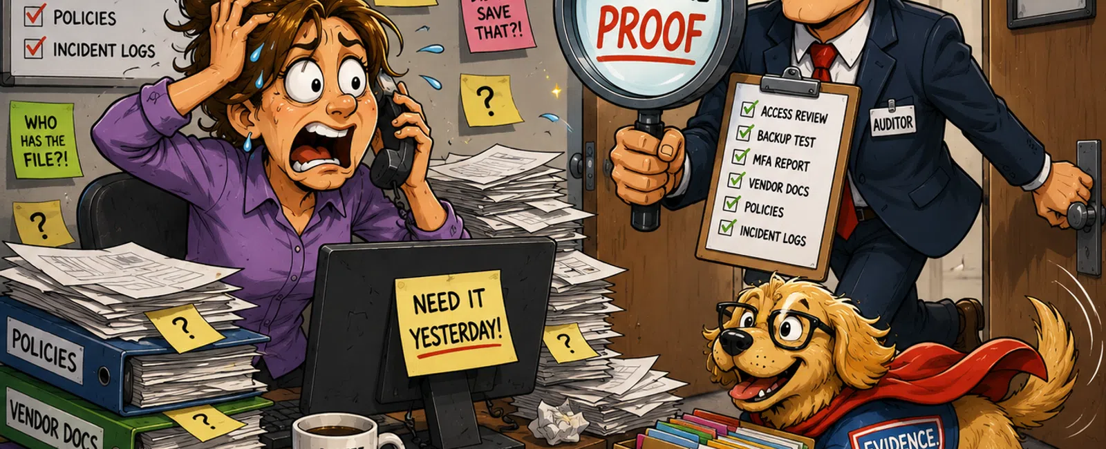 Stressed worker with messy desk faces confident auditor and dog with files marked audit ready and proof.