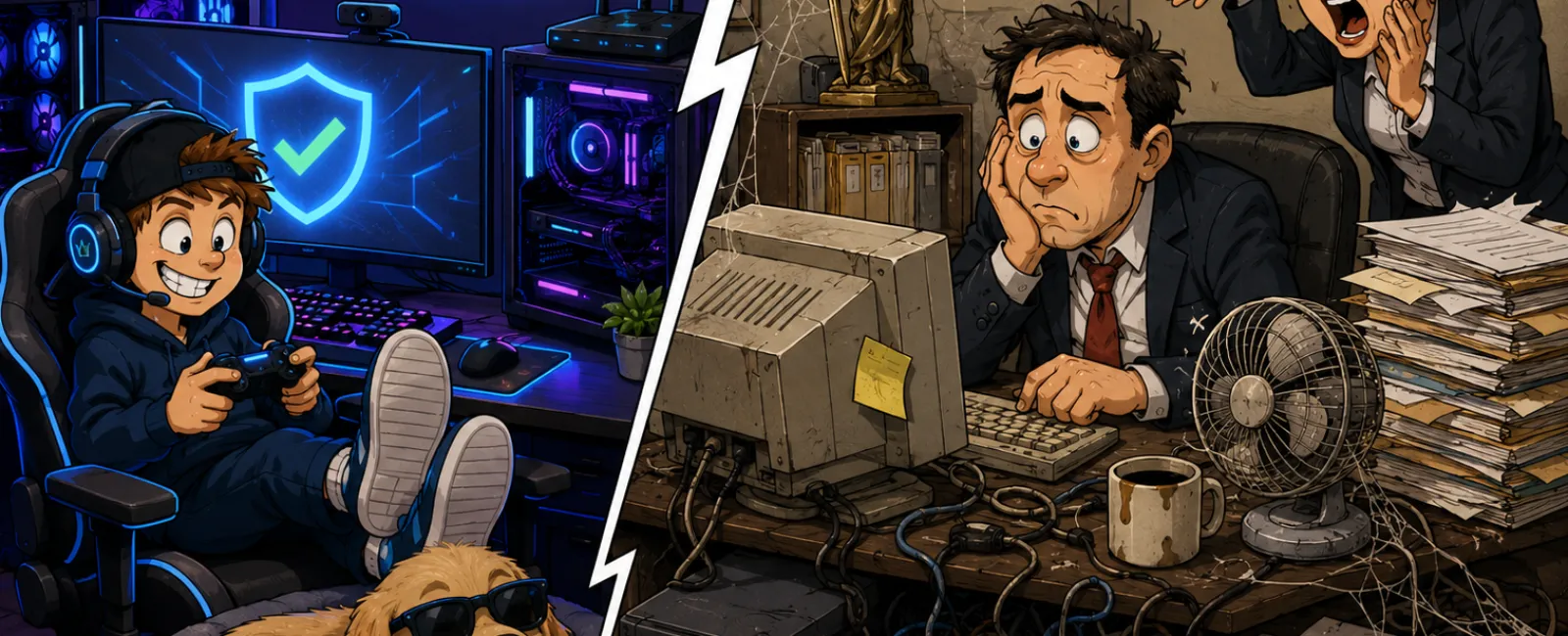 Split image showing a relaxed gamer with modern tech and a stressed lawyer with outdated equipment in cluttered office.