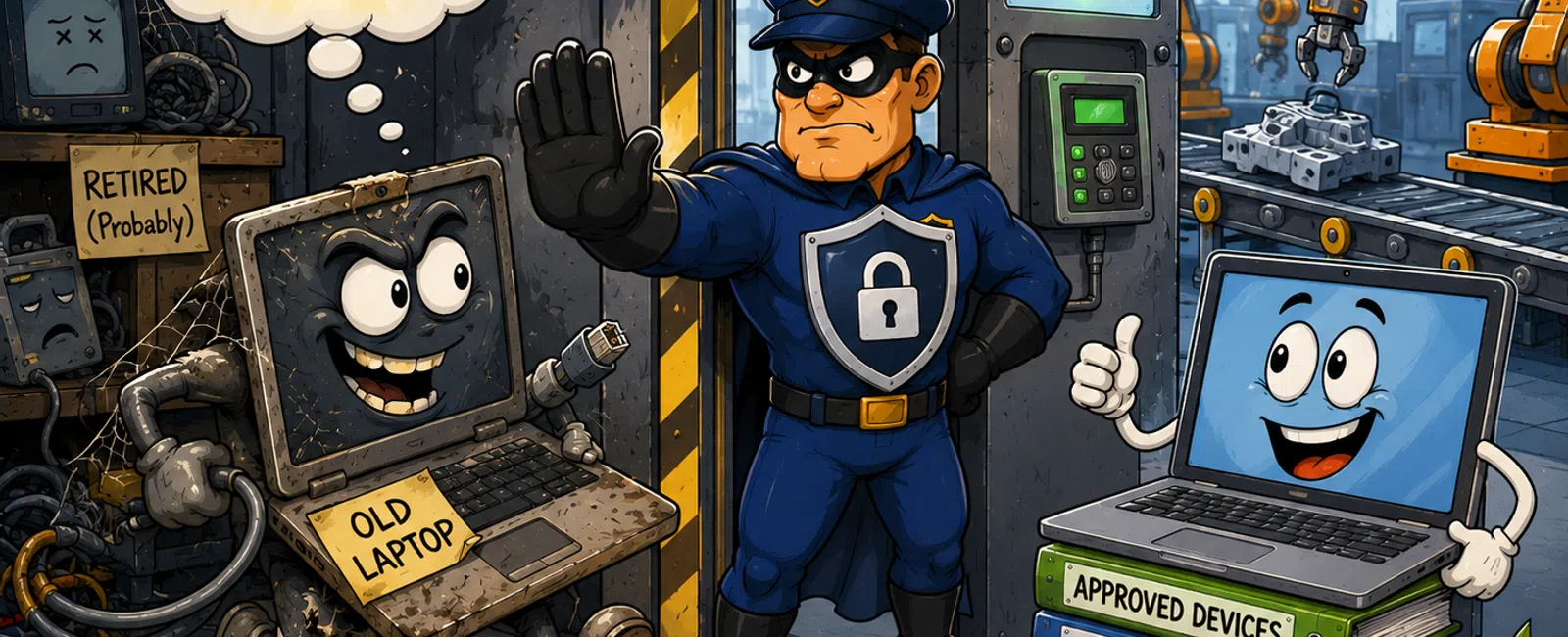 Security guard blocks old laptop from entering factory while a secure laptop stands on access control binders.