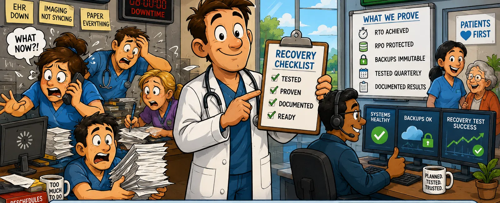 Healthcare workers overwhelmed with system downtime contrasted by confident doctor proving recovery checklist success.