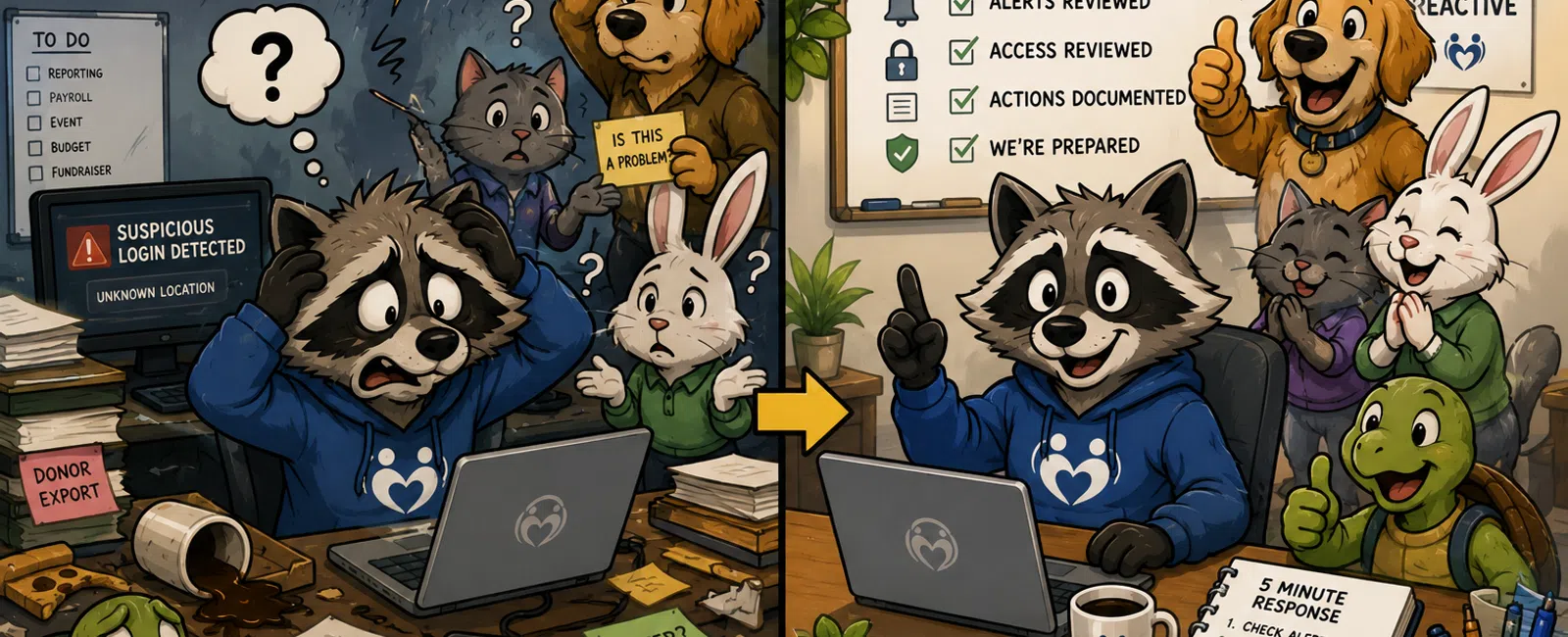 Cartoon animals show chaotic suspicious login alert situation on left and organized ownership control on right.