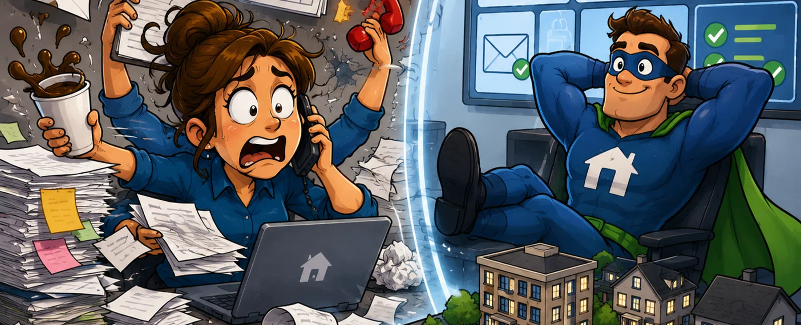 Stressed woman overwhelmed by paperwork and leaks contrasts with relaxed superhero protecting homes using digital security.