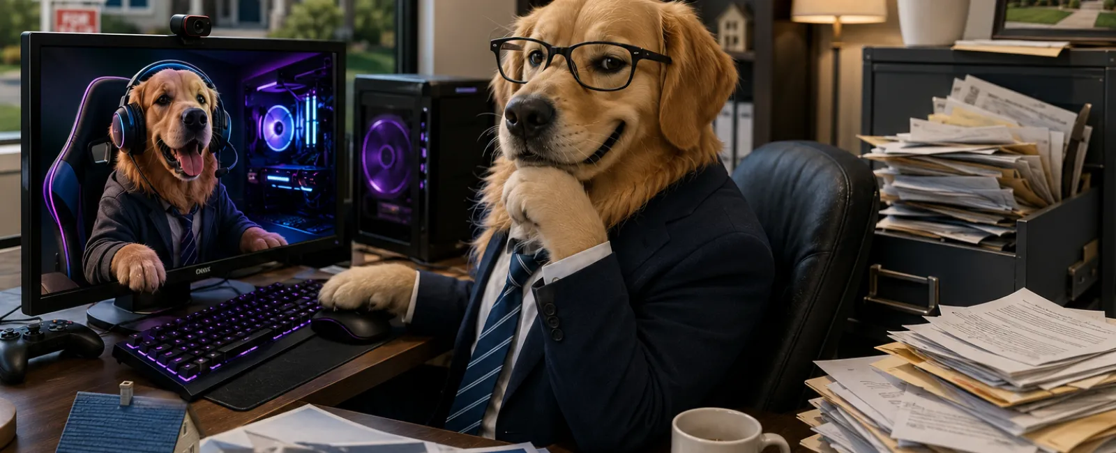 Golden retriever in business suit with glasses at cluttered desk, video chatting with gaming dog on computer screen.