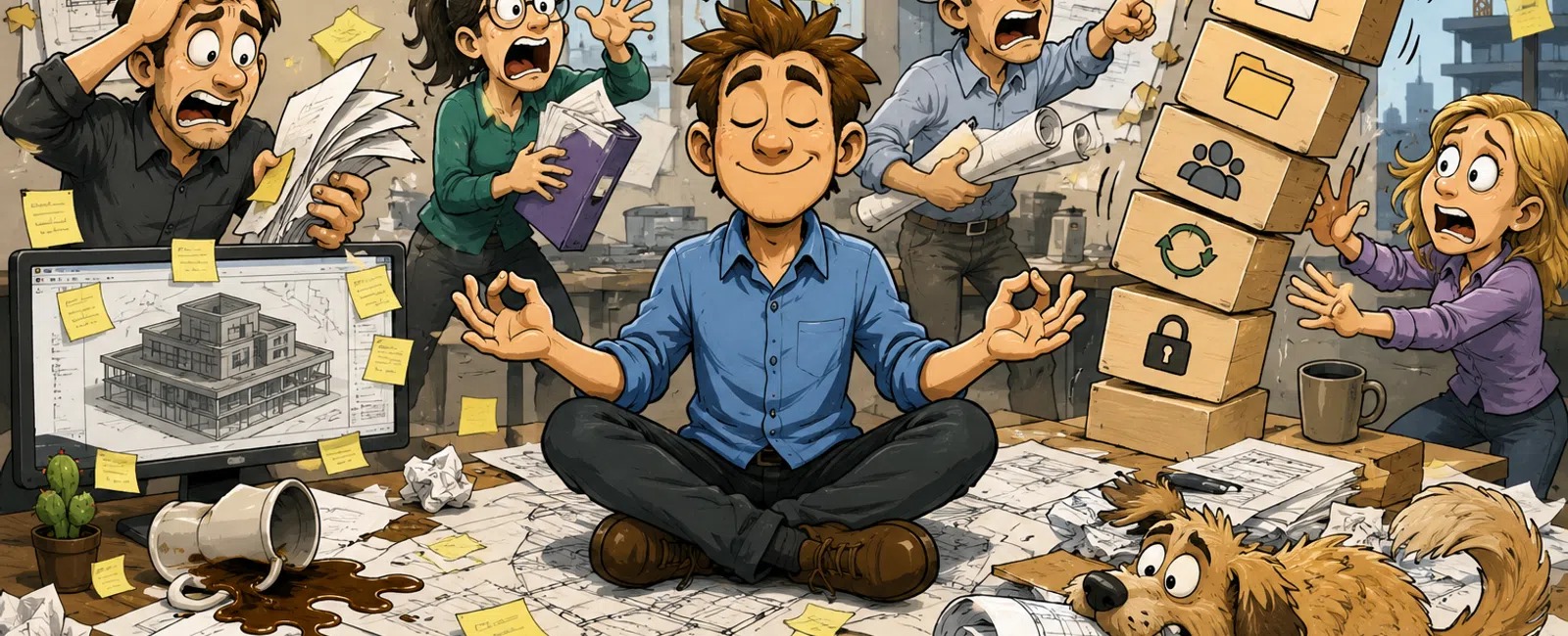 Calm man meditating amid chaotic office with stressed coworkers, spilled coffee, flying papers, and a playful dog.