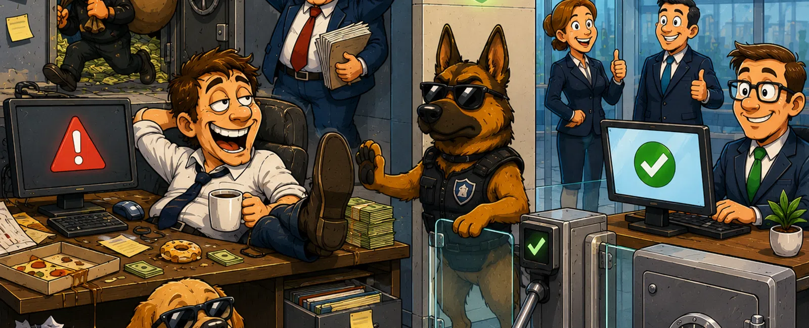 Cartoon of a thief stealing money while a lazy worker ignores alerts, with security dogs and professionals verifying access.