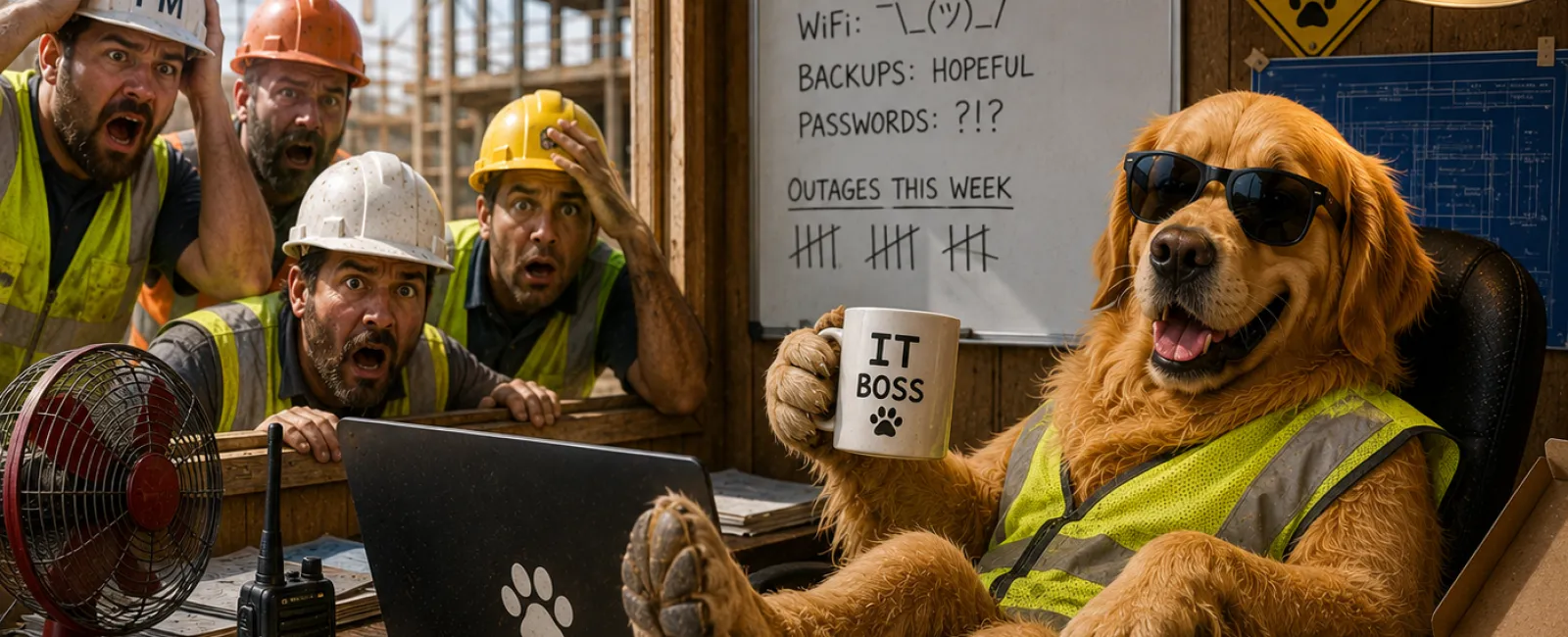 Golden retriever in construction vest and sunglasses as IT boss with shocked workers and reboot button in office.