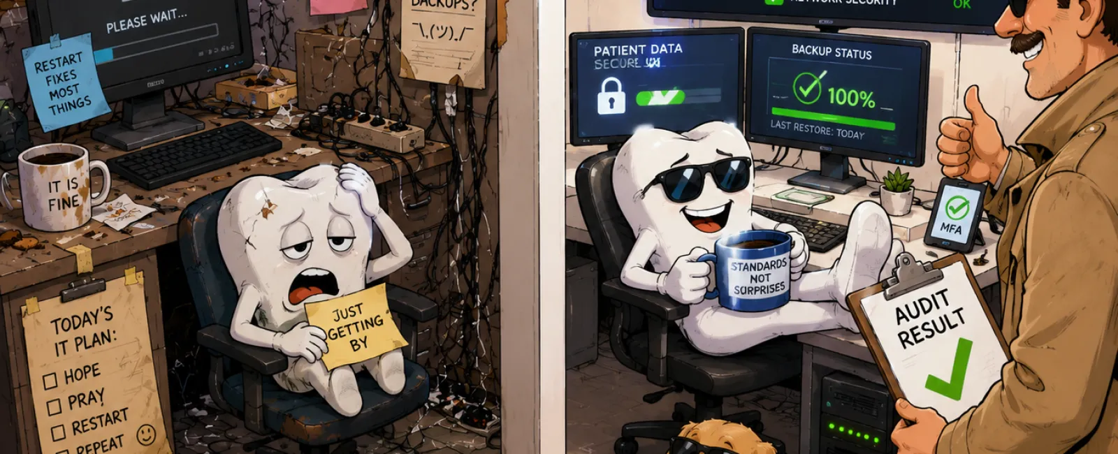 Two teeth characters contrasting bad and good cybersecurity setups with audit results and system health displays.