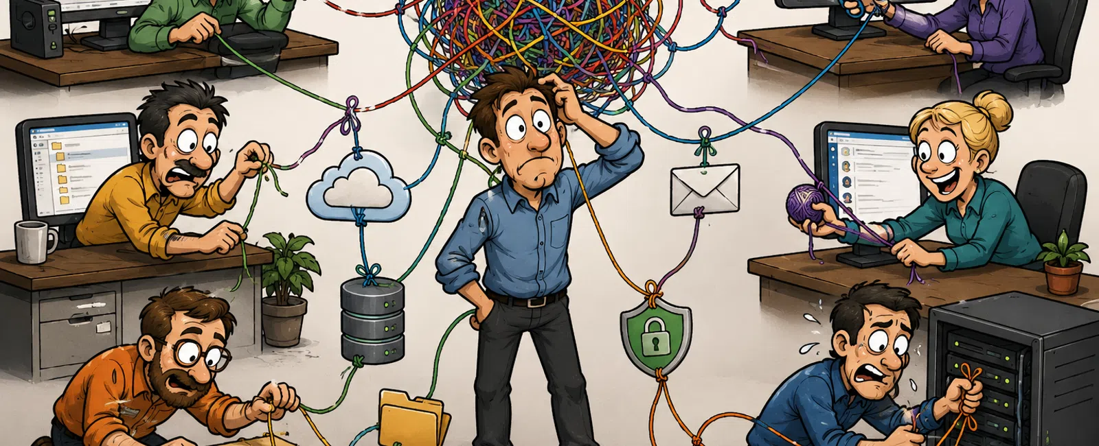 Cartoon of tangled cables linking office workers managing data, cloud, security, and files with a confused central figure.