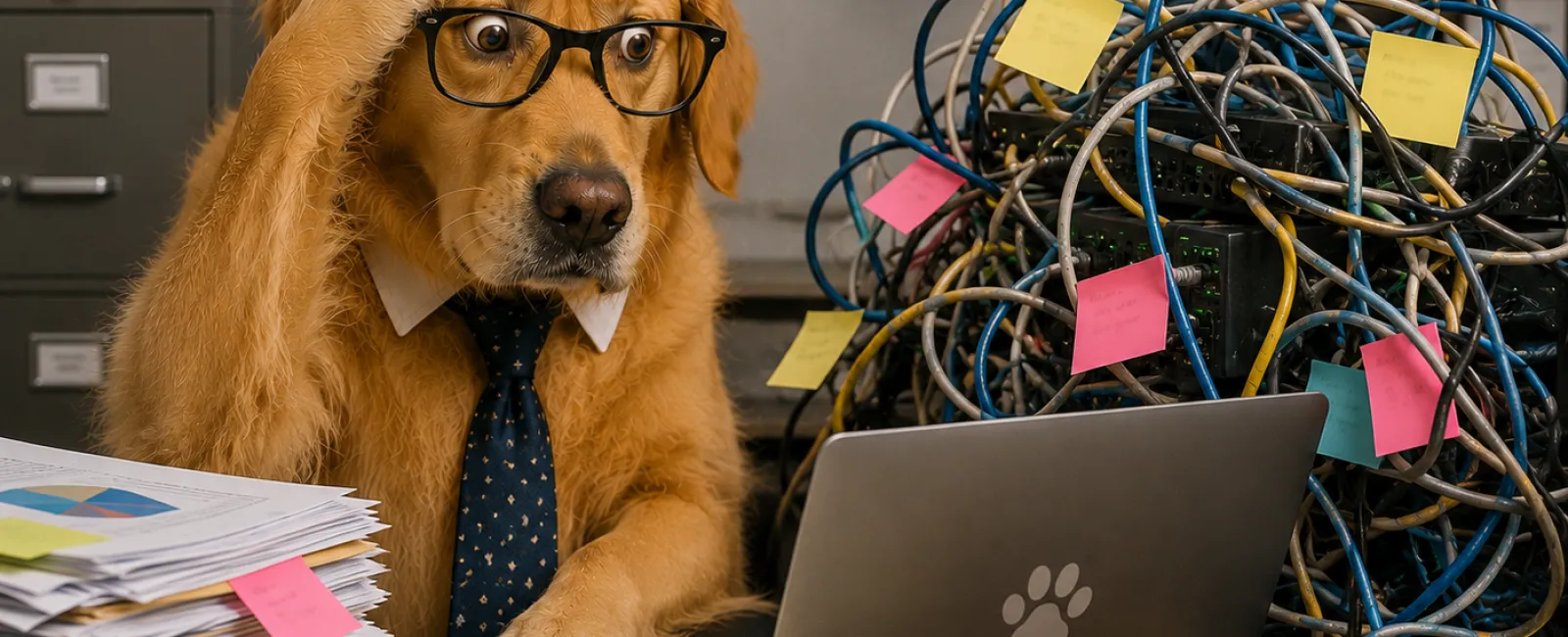 Golden retriever wearing glasses and tie, looking stressed at a desk with tangled cables, laptop, and paperwork.