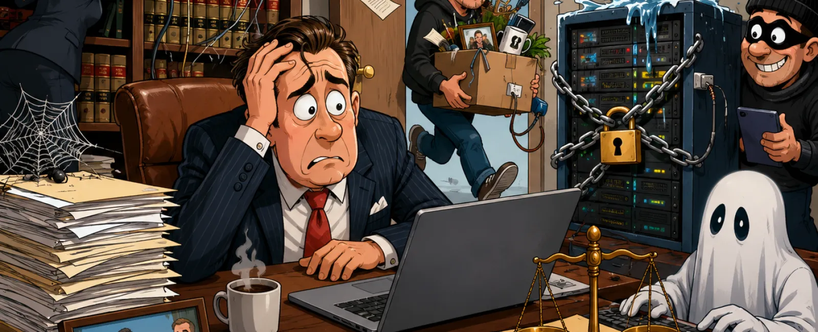 Stressed lawyer at cluttered desk with leaking server and thief, while assistant unplugs cable in messy office.