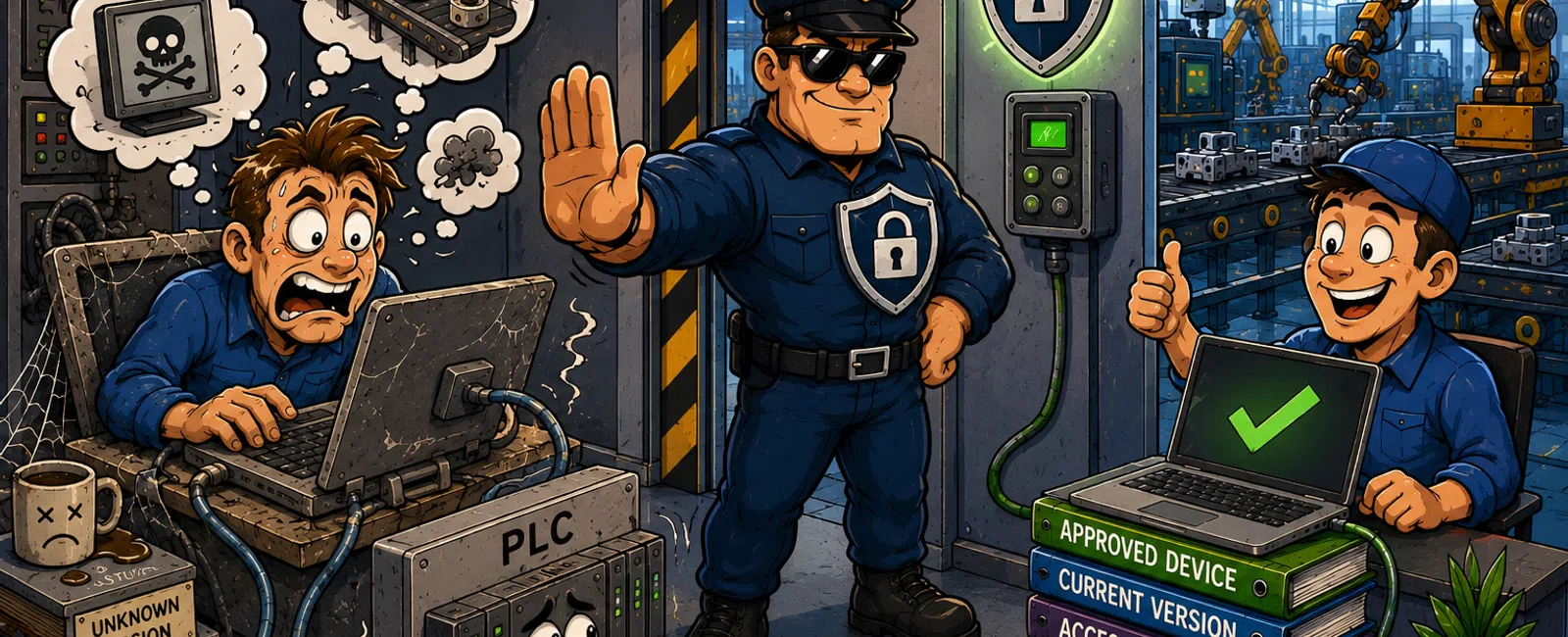 Cartoon showing cybersecurity in industrial automation with a guard stopping a virus-infected worker and approving a secure device.