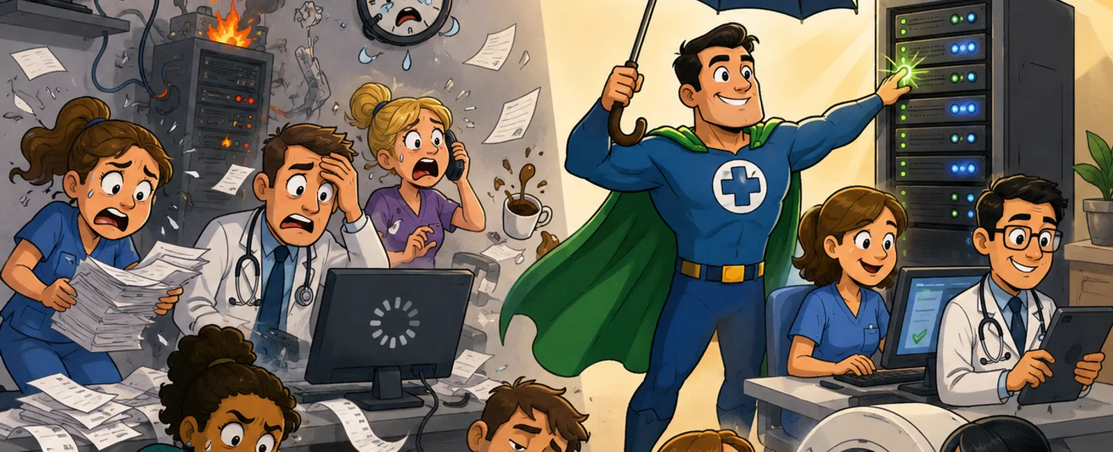 Healthcare staff stressed with failing tech behind while superhero protects server and ensures smooth medical operations.
