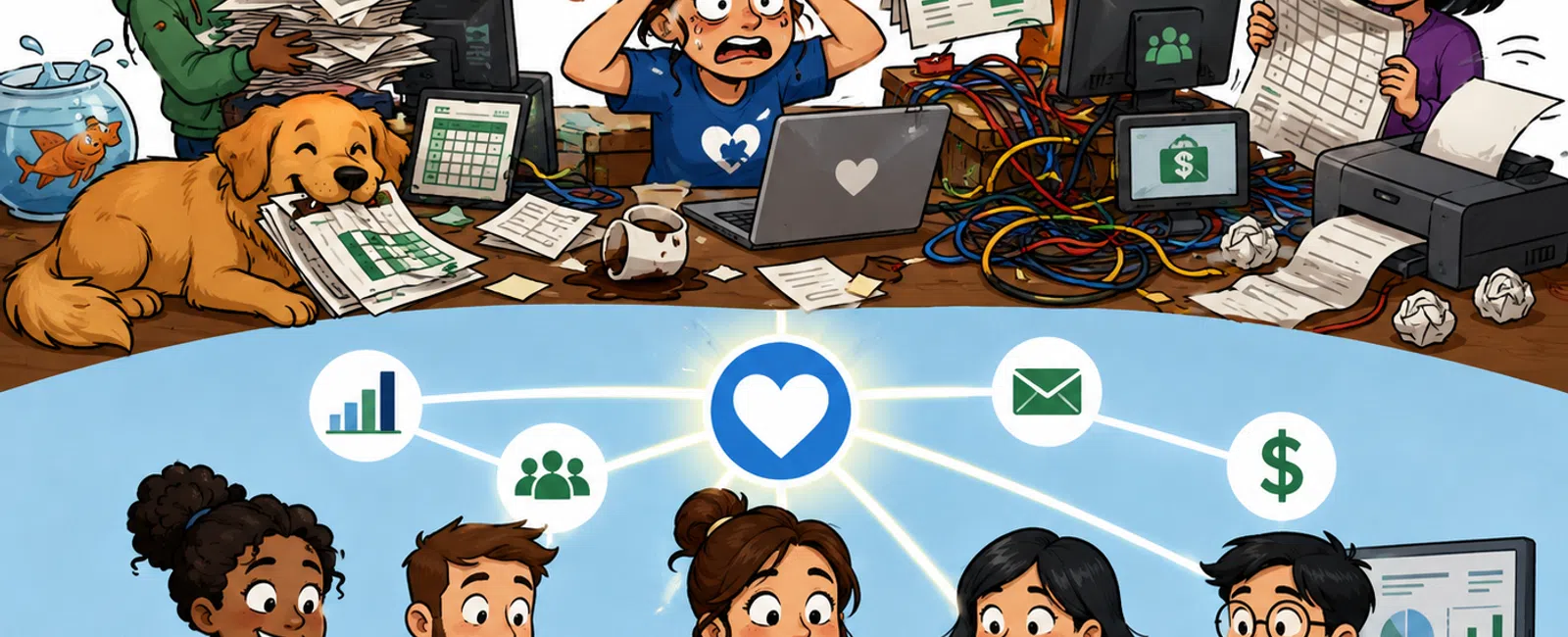 Two scenes showing stressed workers overwhelmed by paperwork and a calm team collaborating efficiently with laptops and charts.