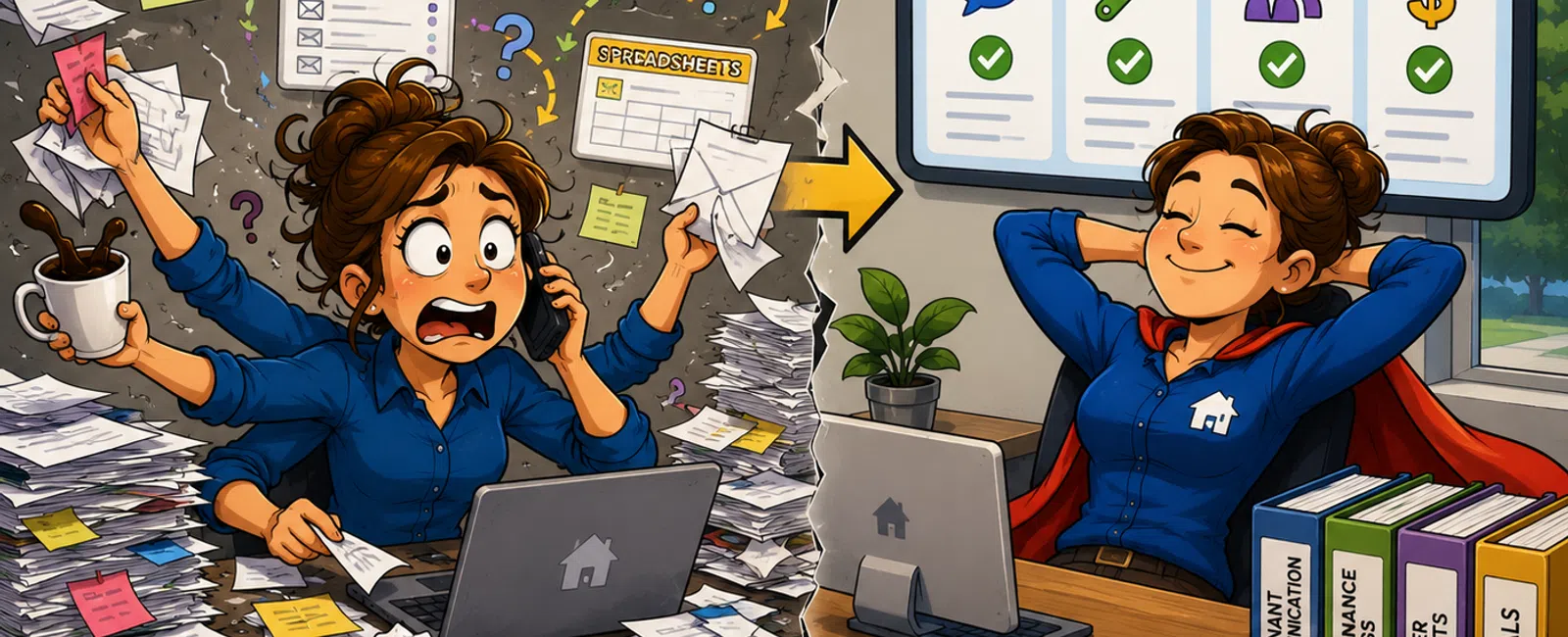 Split image of stressed woman drowning in paperwork versus relaxed woman in organized office with neat files and a sleeping dog.