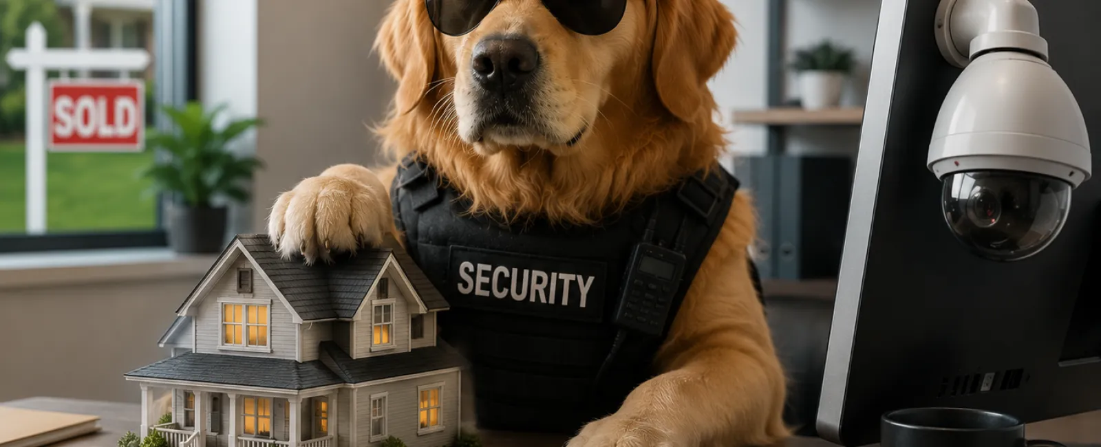 Golden retriever in security uniform with sunglasses guarding a model house highlighting cybersecurity terms.