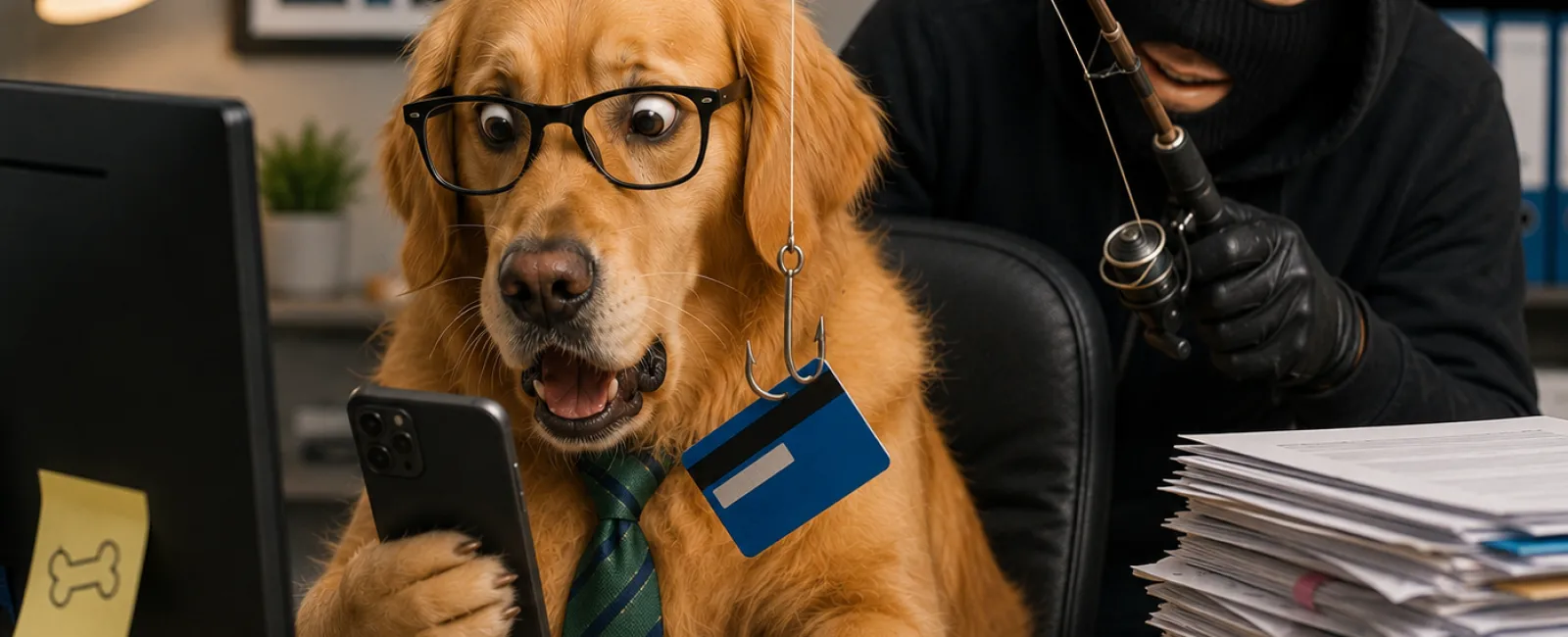 Golden retriever wearing glasses and tie looking at phone while a masked thief uses fishing rod to steal credit card