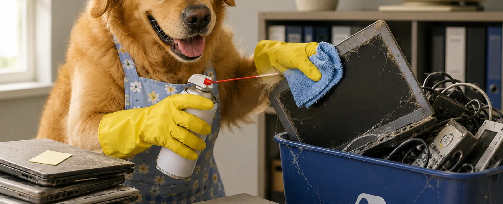 Golden retriever dog in gloves and apron cleaning old electronics near recycling bin indoors