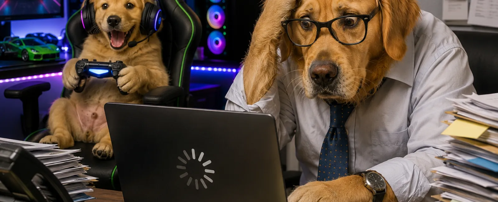 Golden retriever dog in office attire stressed at laptop with loading screen while puppy plays video games nearby.