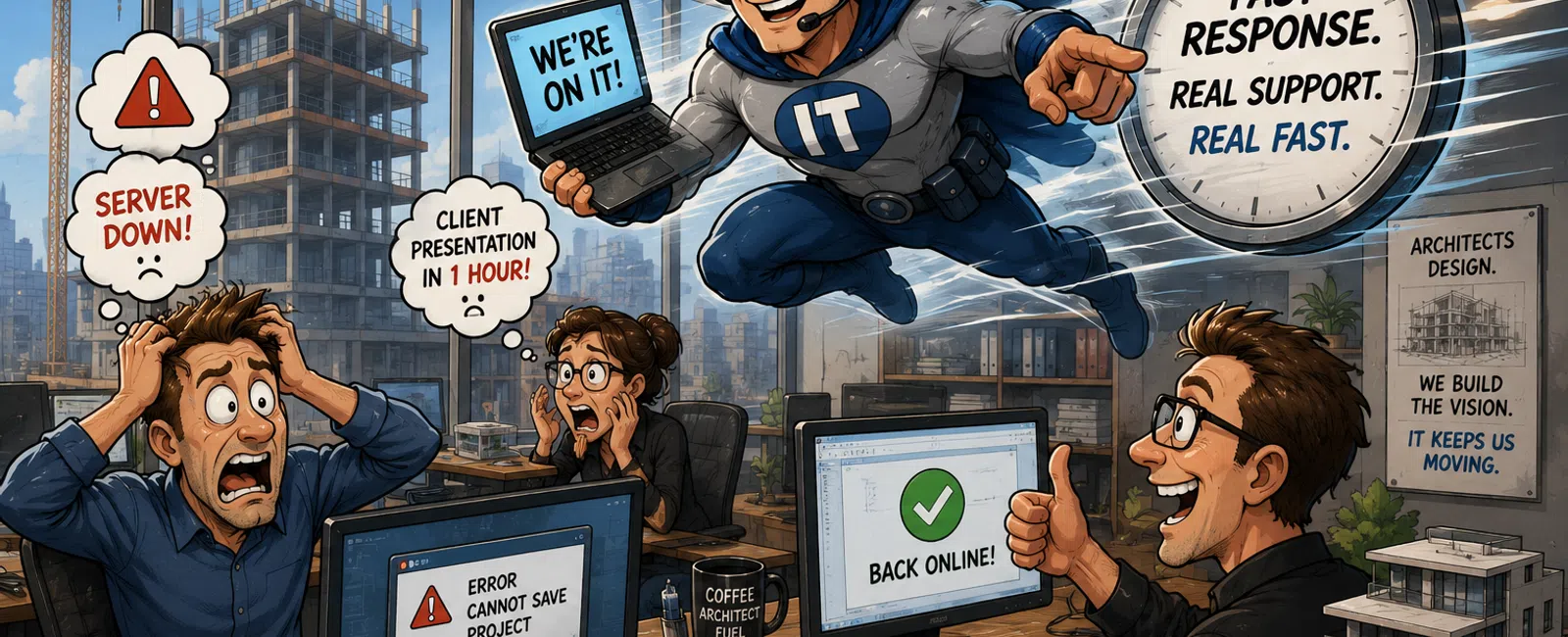 IT superhero fixes server issue fast, saving stressed architects' client presentation and project deadline.