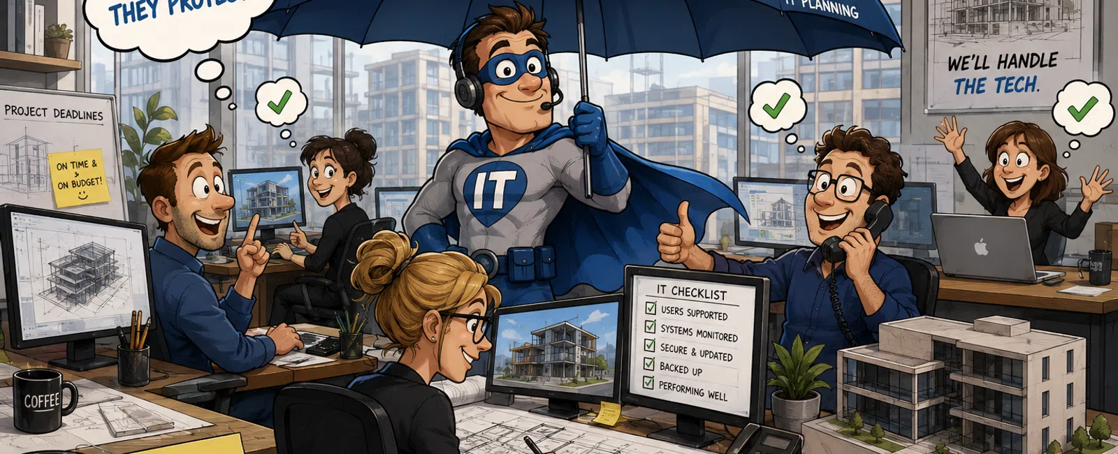 IT superhero shields an architectural team with cybersecurity, network, backups, and strategic IT planning services.