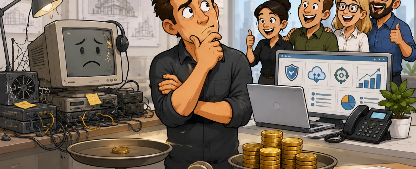 Man weighs coins on scale, torn between old and new tech, with coworkers and office in background
