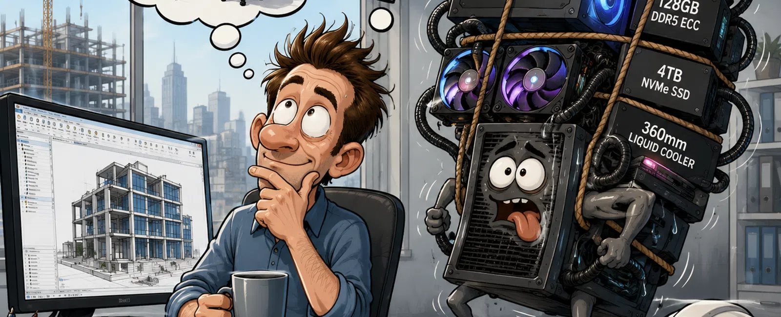 Architect comparing powerful custom PC specs to office workstation for running Revit 2026 software efficiently.