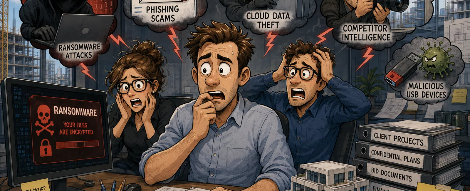 Three anxious employees face threats like ransomware, phishing, cloud theft, and malicious USBs targeting their design firm.
