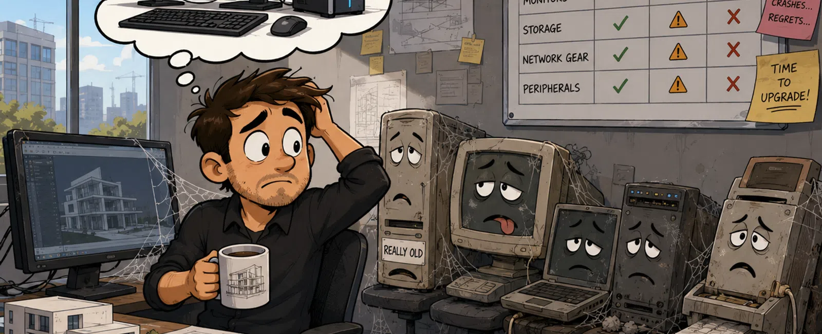 Architect frustrated with old computers dreams of upgraded equipment and faster workstations in office.