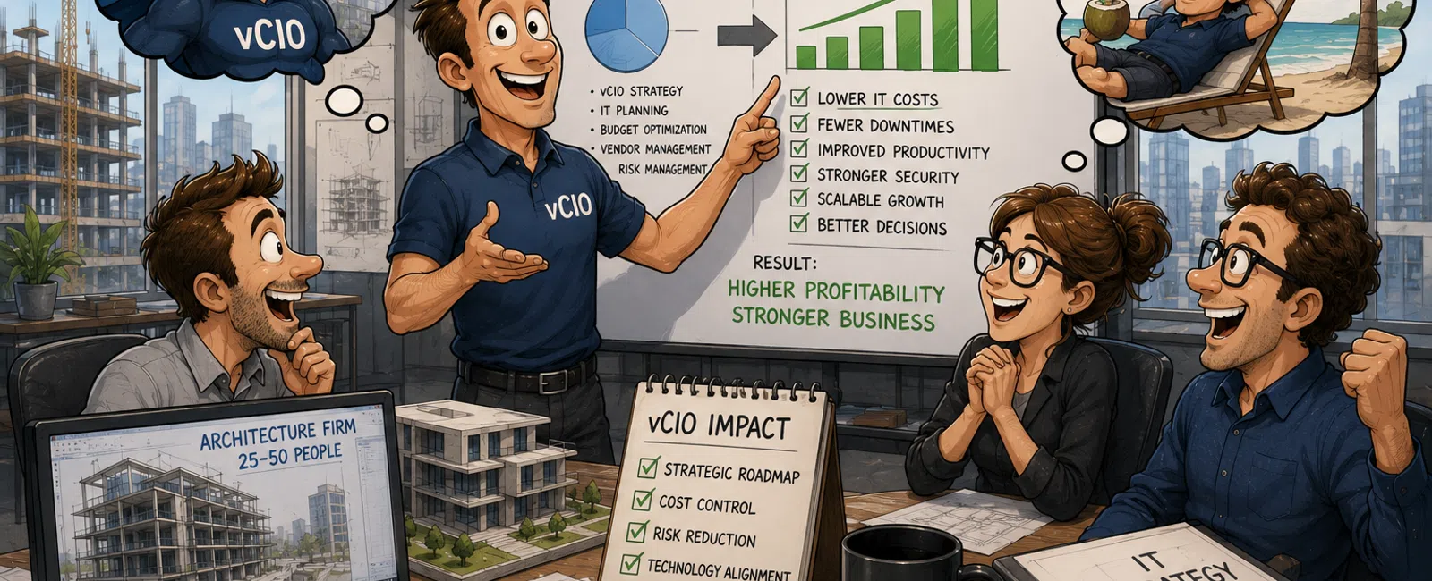 Business team discusses vCIO services increasing ROI with charts, checklists, and architecture firm visual plans in office.