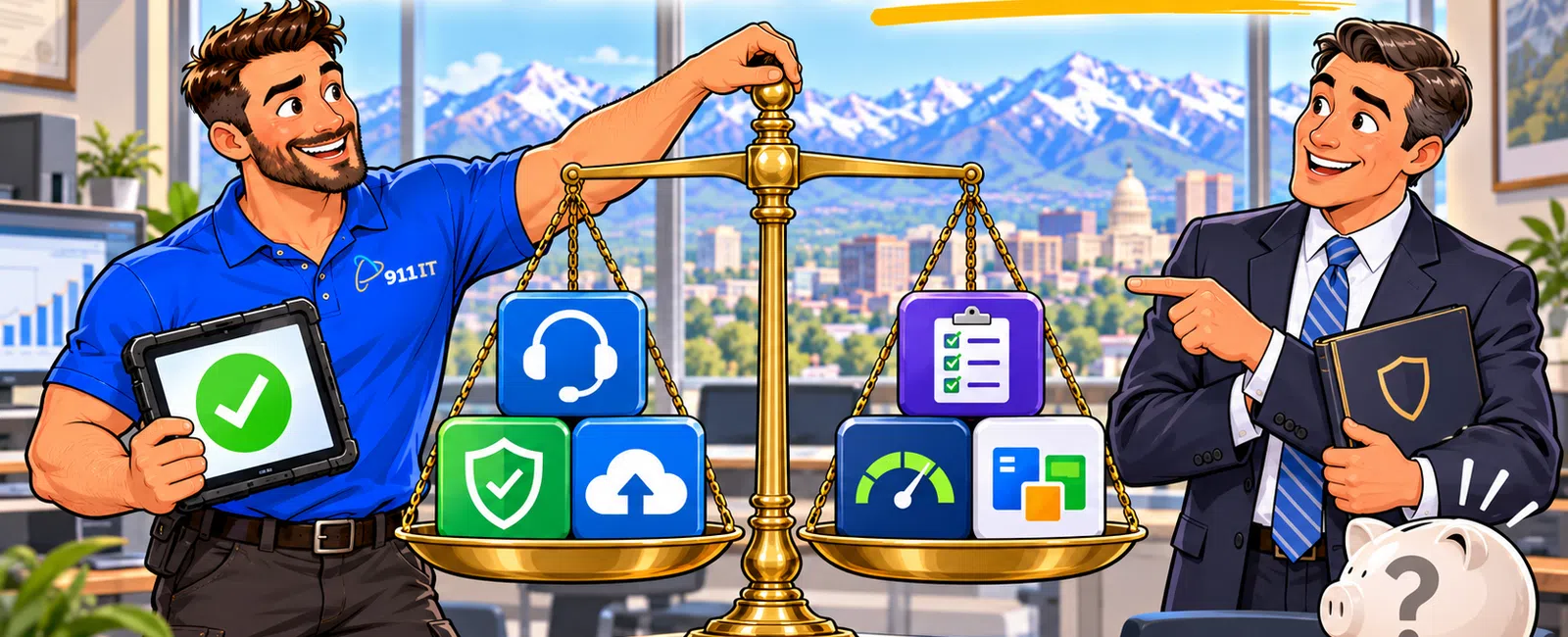 Two men balancing icons on a scale with mountains in the background and text Know What's Included.