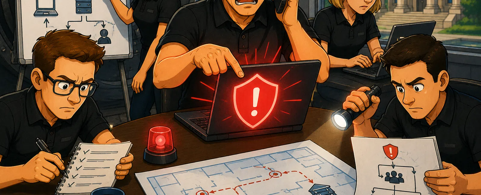 Team of cybersecurity experts investigating a data breach with devices, diagrams, and alert symbols inside a secure building.