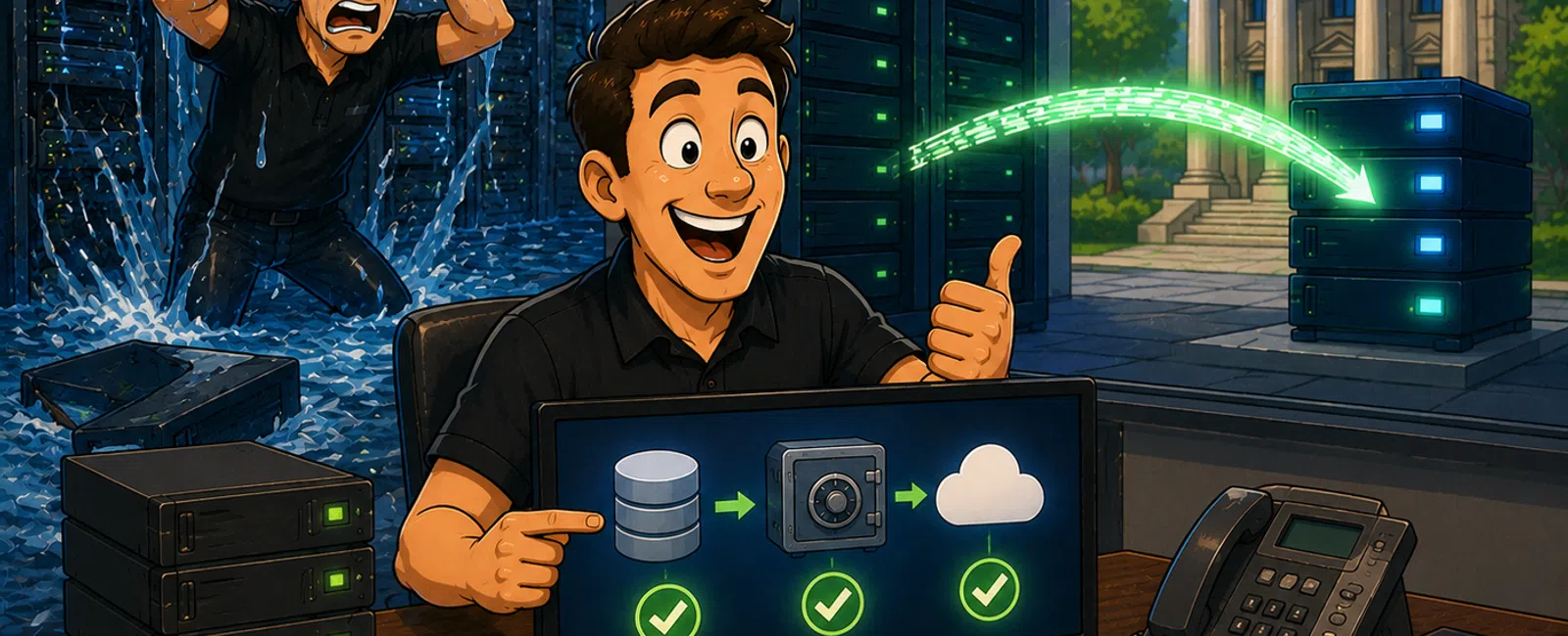 Happy IT professional demonstrates secure data backup and cloud storage while another struggles with leaking servers.