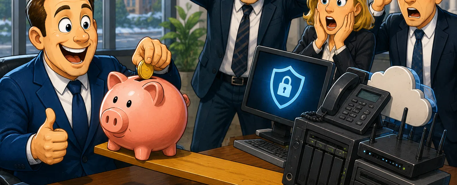 Businessman happily saving money in piggy bank while colleagues worry over balancing data servers on seesaw.