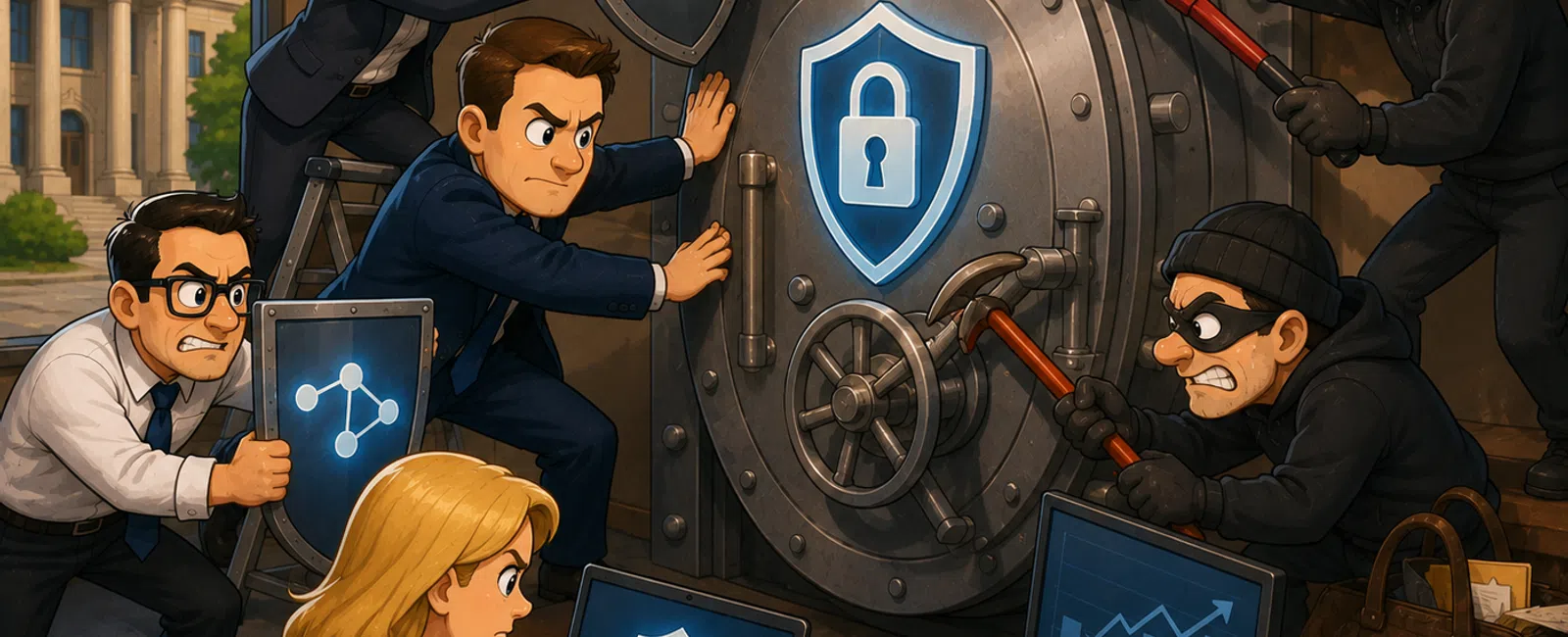Team protecting a large vault door from thieves using shields, laptops, and teamwork in a secure office setting.
