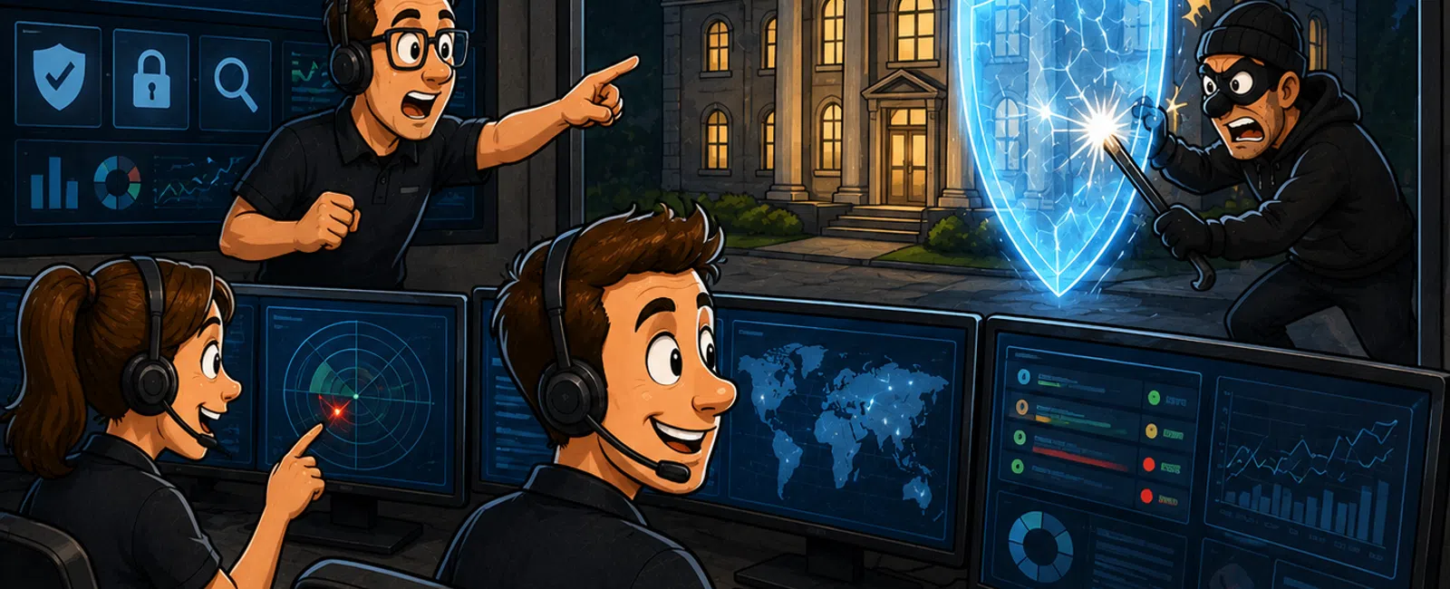 Security team monitors and protects a building with digital shield blocking a thief's hacking attempt at night.
