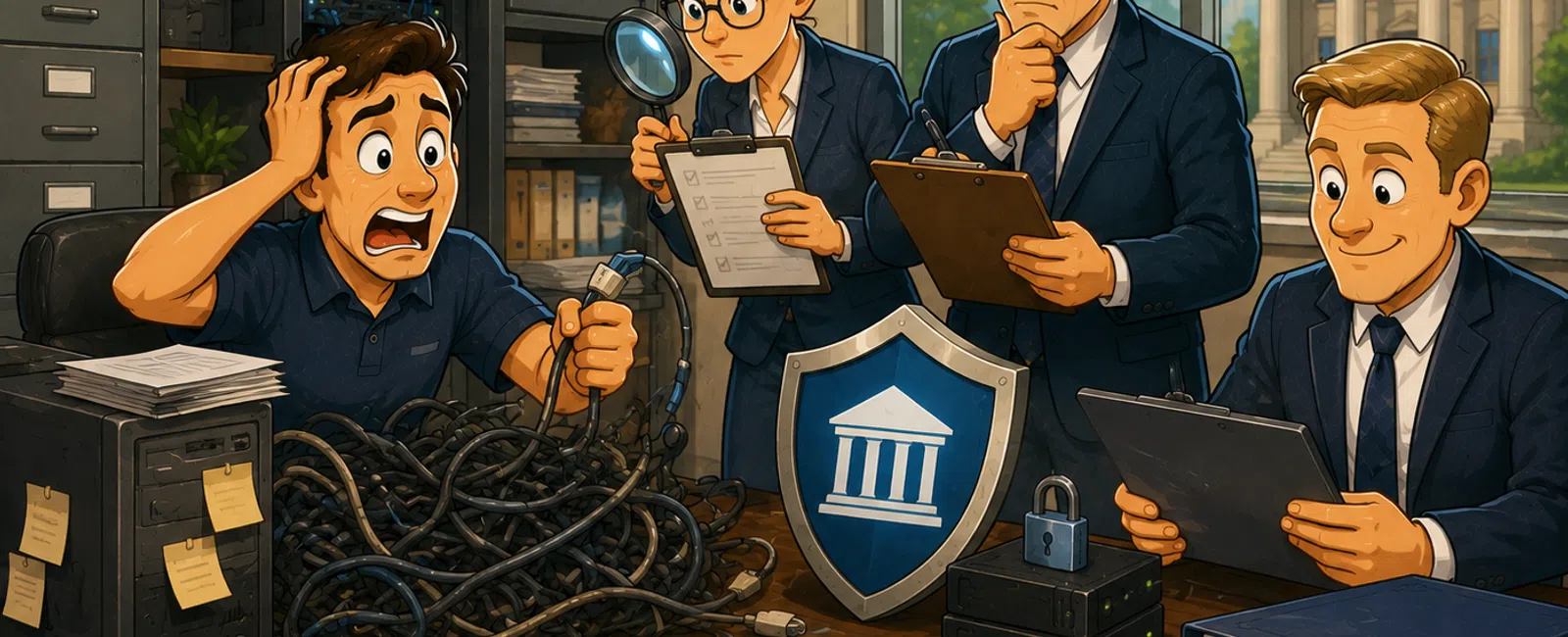 Four professionals analyze tangled network cables and cybersecurity data in an office with a shield emblem and courthouse view.