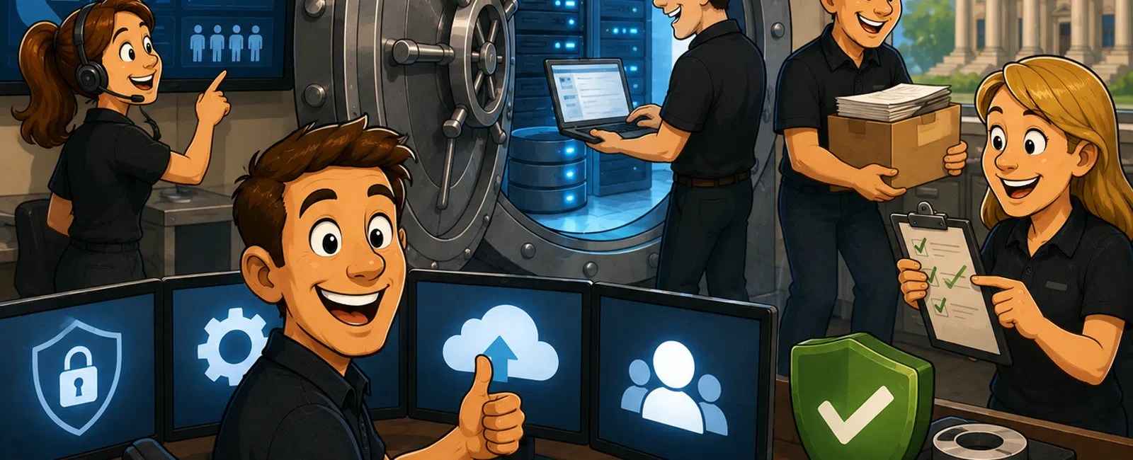 Cybersecurity team managing data protection with servers, security icons, and teamwork in a modern office environment.