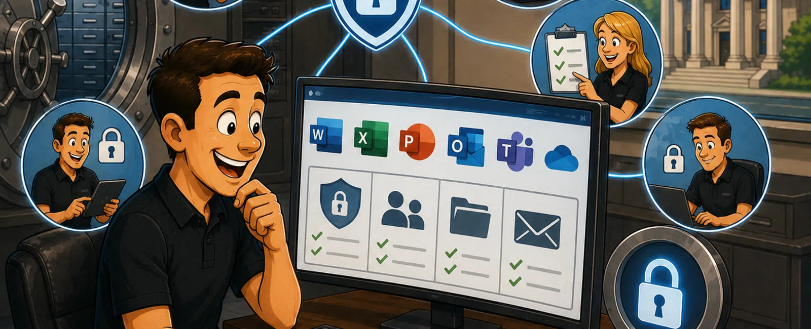 Man in office managing secure Microsoft 365 data with multiple users connected via encryption and locked files.