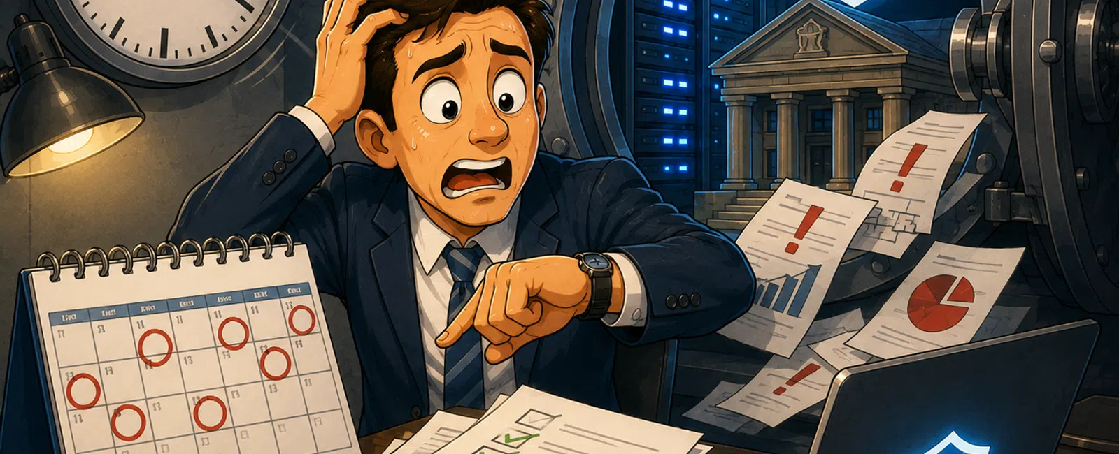 Stressed businessman checking time with deadline pressure, financial documents, and secure bank vault in background.