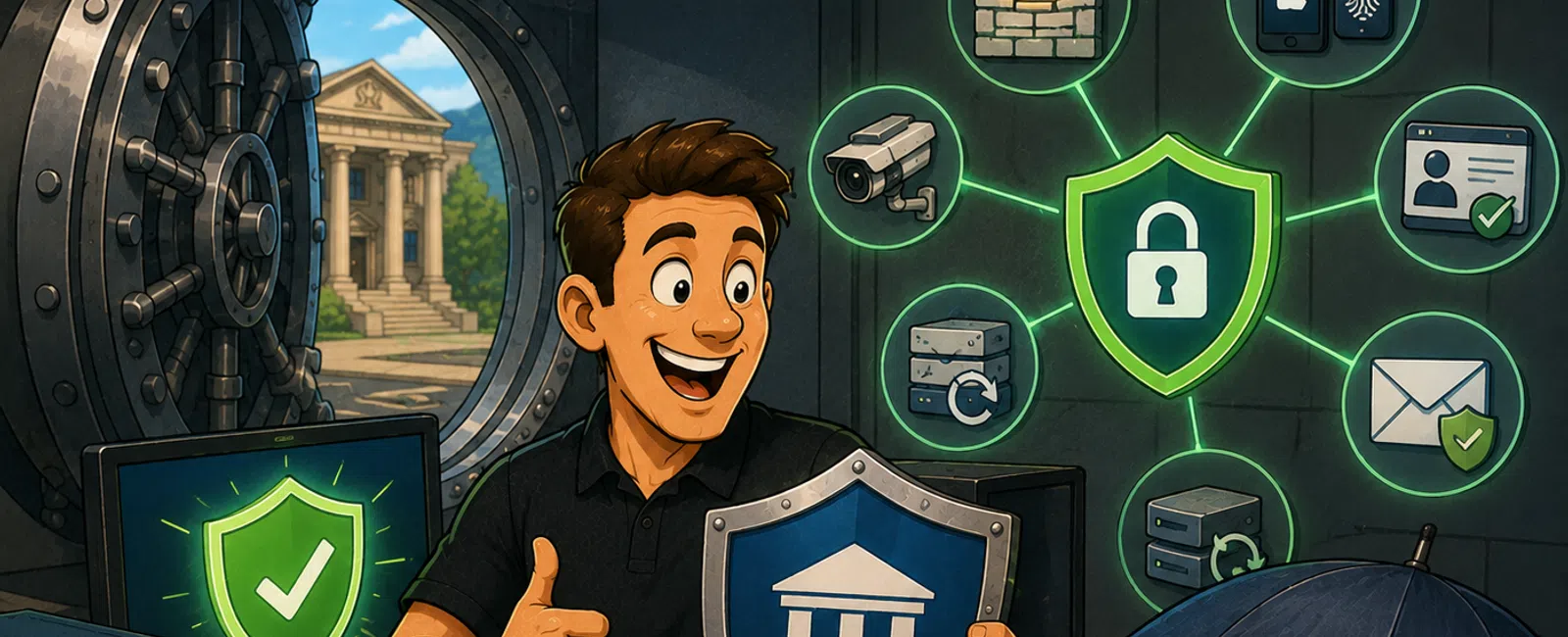 Man in a vault showing a shield with a bank symbol, surrounded by cybersecurity icons and documents.