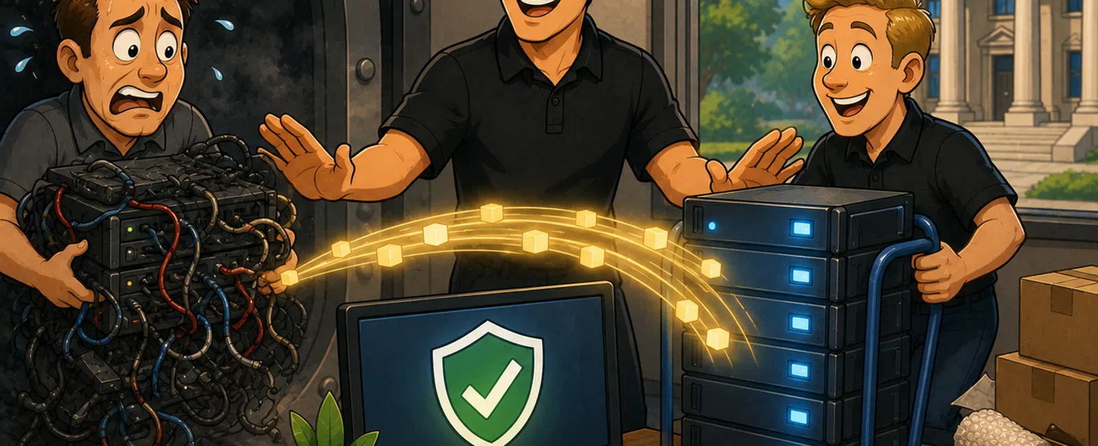 Three men transfer data from a tangled old server to a new, secure server with digital protection and checklist.