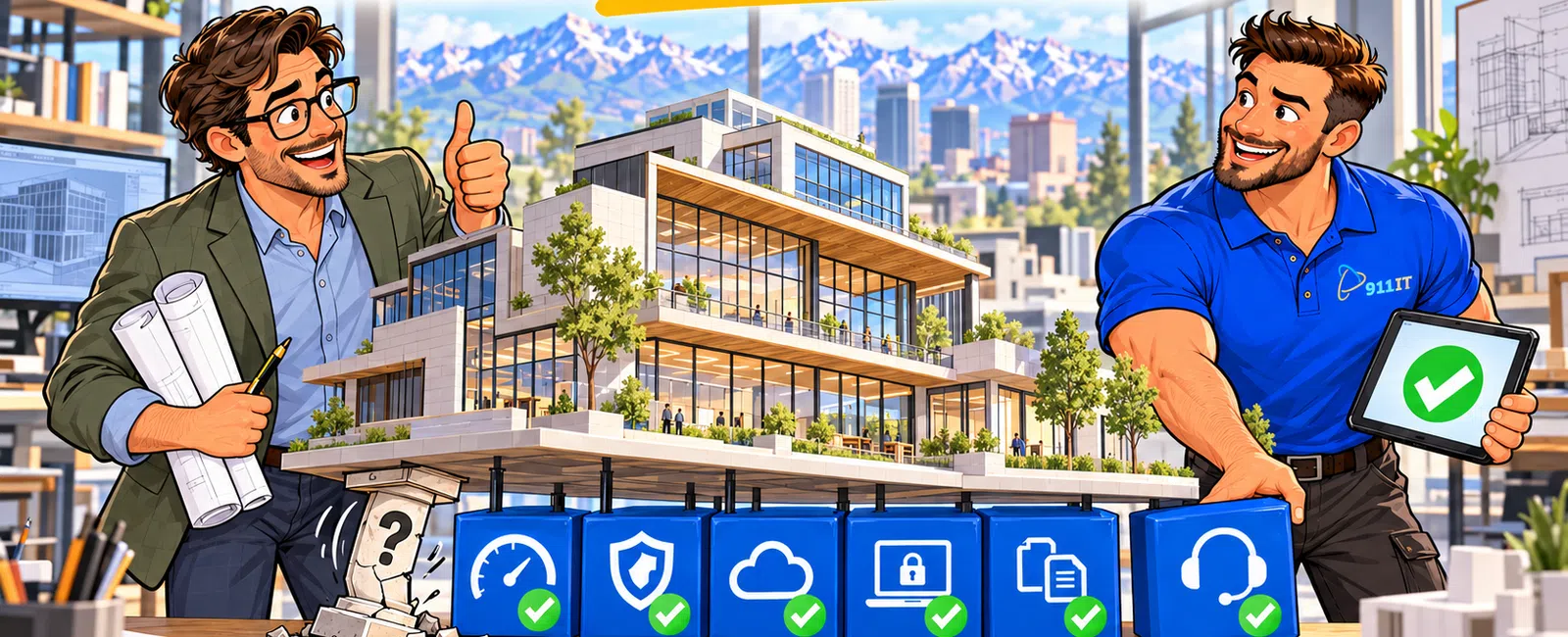 Two men with building plans and tablet showcase a modern office building with security and cloud icons