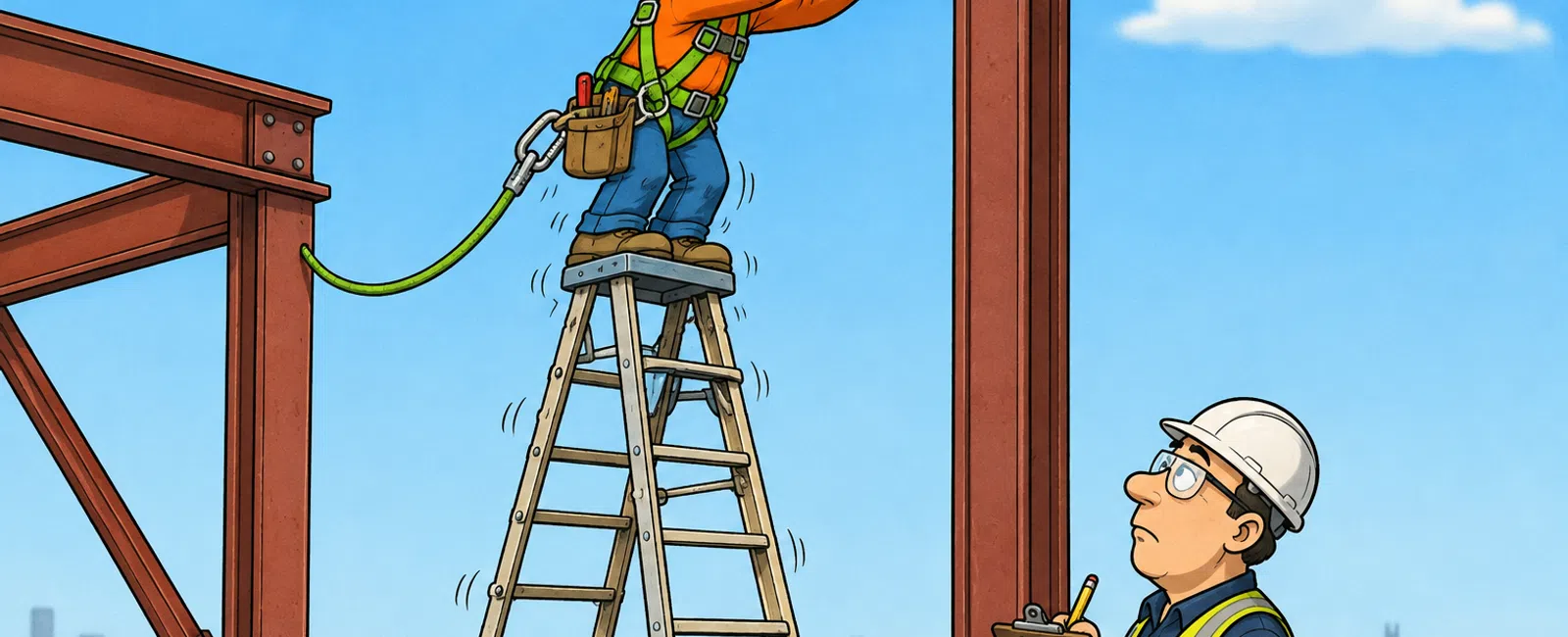 Construction worker on shaky ladder holding a fall protection sign under supervision at worksite with safety cones.